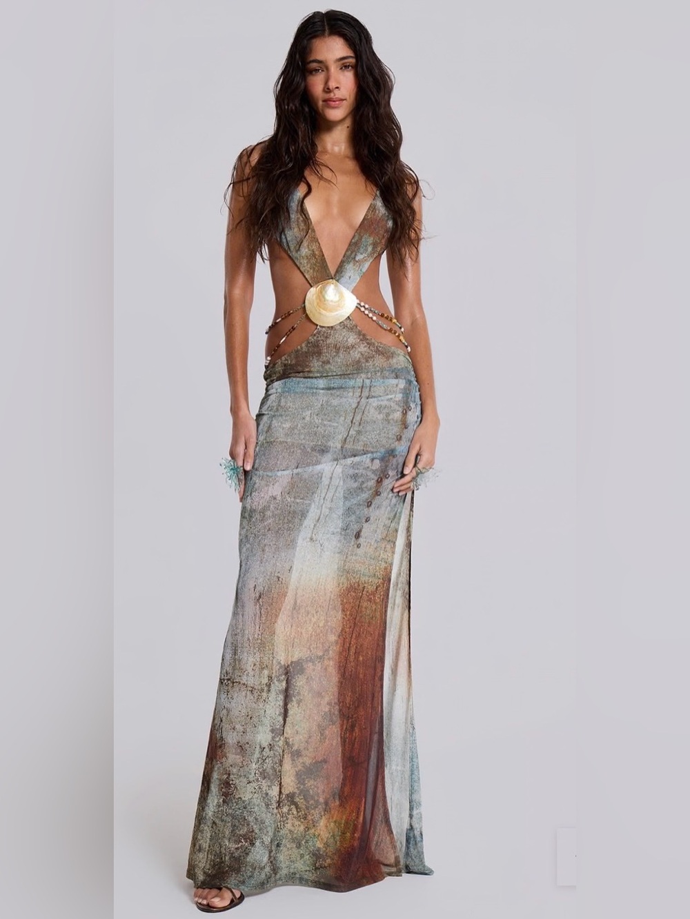 Jaded London Vida Backless Plunge Maxi Dress with Shell Trim sz XS
